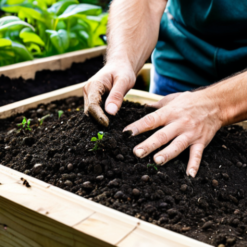 Home 6 A professional gardener, wearing modest and appropriate attire, is gently working with rich, dark organic soil in a thriving raised garden bed. Hands are visible, showing a well-formed grip on a handful of compost-rich earth, with vibrant green seedlings in the background. Sunlight gently illuminates the scene, highlighting healthy plant growth. The image emphasizes the importance of soil preparation, with natural textures and details. Fully clothed, safe for work, appropriate content, perfect anatomy, correct proportions, natural pose, well-formed hands, proper finger count, natural body proportions, professional photography, high quality.
