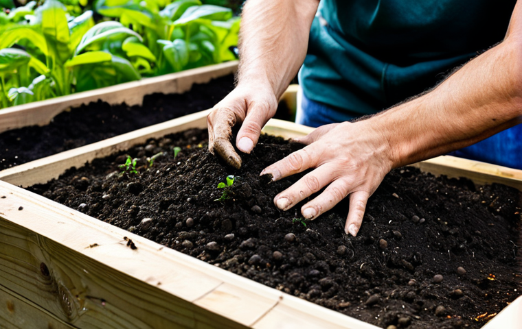 A professional gardener, wearing modest and appropriate attire, is gently working with rich, dark organic soil in a thriving raised garden bed. Hands are visible, showing a well-formed grip on a handful of compost-rich earth, with vibrant green seedlings in the background. Sunlight gently illuminates the scene, highlighting healthy plant growth. The image emphasizes the importance of soil preparation, with natural textures and details. Fully clothed, safe for work, appropriate content, perfect anatomy, correct proportions, natural pose, well-formed hands, proper finger count, natural body proportions, professional photography, high quality.