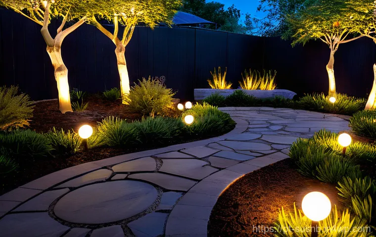태양광 활용한 조경 조명 설치법 - Image Prompt 1: "Enchanted Garden Oasis at Dusk"**