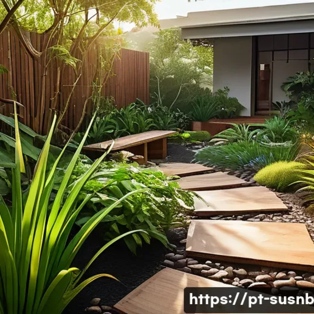 자연적 경관을 고려한 조경 설계 - A vibrant sustainable garden scene in a Brazilian backyard featuring native plants adapted to local ...