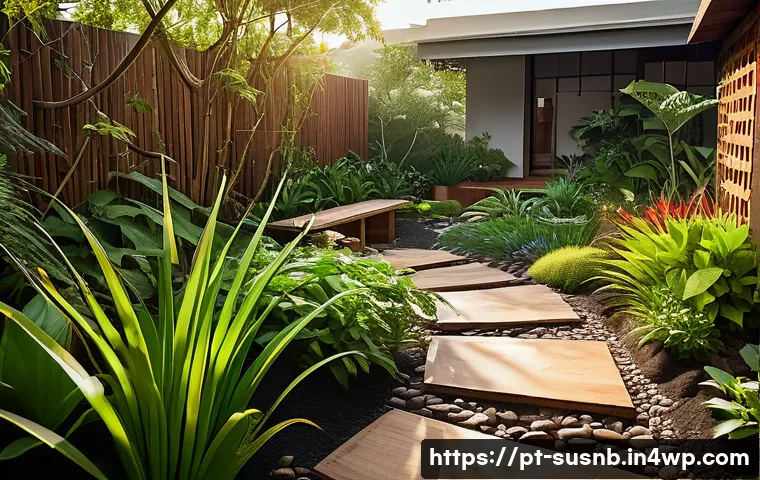 자연적 경관을 고려한 조경 설계 - A vibrant sustainable garden scene in a Brazilian backyard featuring native plants adapted to local ...