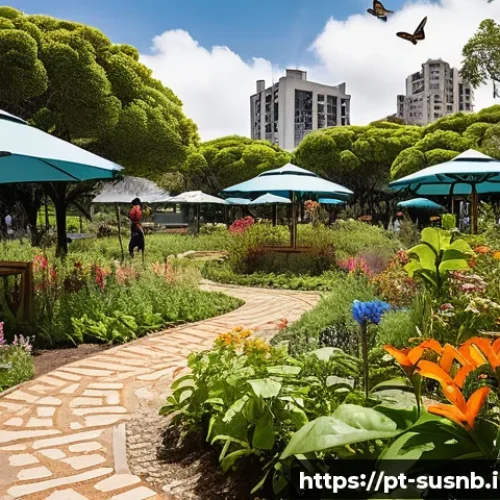 Home 31 조경에서의 생태계 서비스 개념 적용 - A vibrant urban community garden in a Brazilian neighborhood, featuring diverse native plants like i...