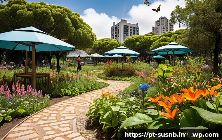 조경에서의 생태계 서비스 개념 적용 - A vibrant urban community garden in a Brazilian neighborhood, featuring diverse native plants like i...