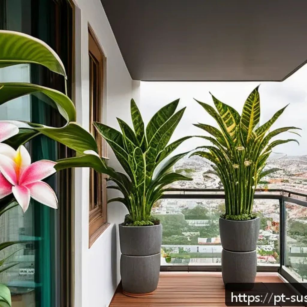 조경 설계에서의 권장 식물 목록 - A modern urban balcony garden scene featuring a variety of resilient plants adapted to city life: pr...