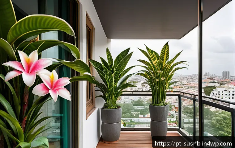 조경 설계에서의 권장 식물 목록 - A modern urban balcony garden scene featuring a variety of resilient plants adapted to city life: pr...