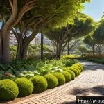 Home 23 지속가능한 조경 관리의 장기적 이점 - A vibrant urban park scene in a Brazilian city during a sunny afternoon, featuring diverse native pl...