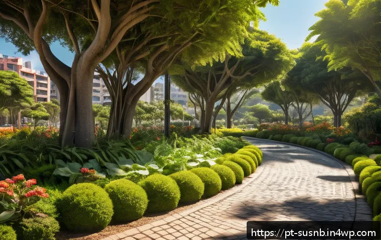 지속가능한 조경 관리의 장기적 이점 - A vibrant urban park scene in a Brazilian city during a sunny afternoon, featuring diverse native pl...