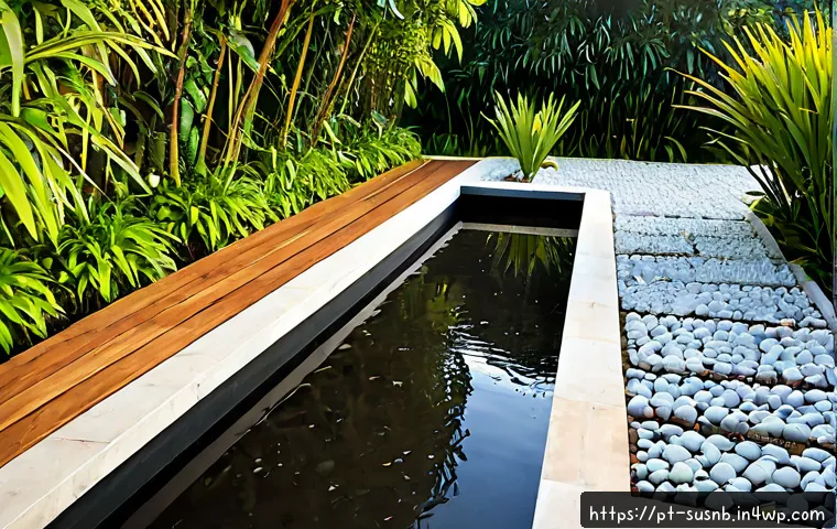 조경에서의 지속 가능한 수자원 관리 - Photorealistic sustainable residential garden in Brazil after gentle rainfall, clear view of a stone...