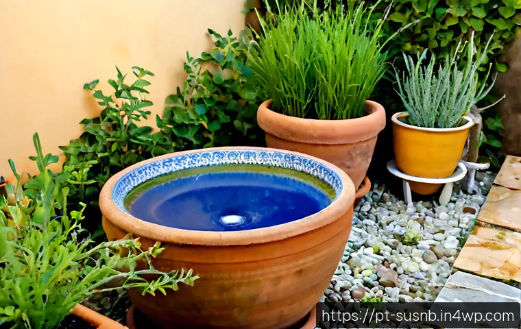 Home 17 친환경 조경 소품 활용법 - Photorealistic small eco-friendly backyard in Portugal, reclaimed terracotta pots filled with native...